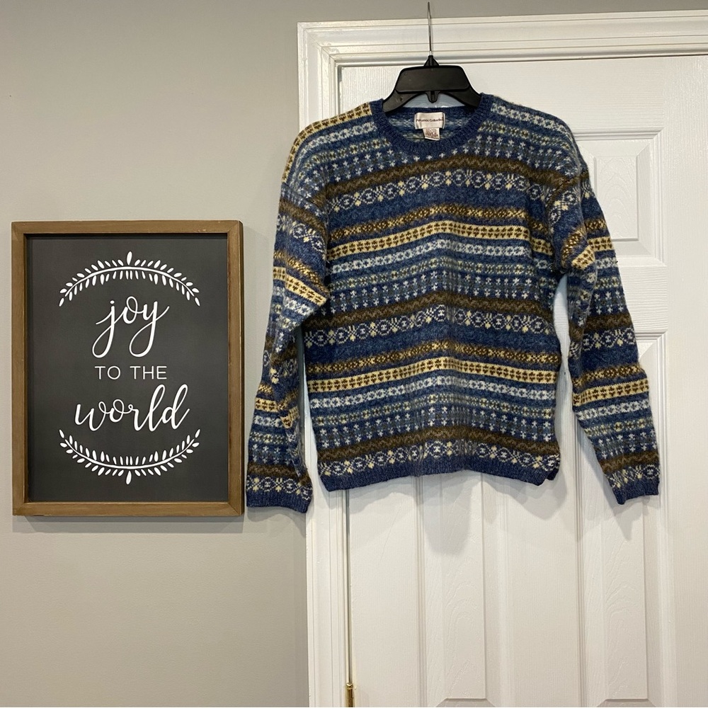Vintage Potomac Collection Fair Isle Sweater Blue Brown Cream Wool Women Medium